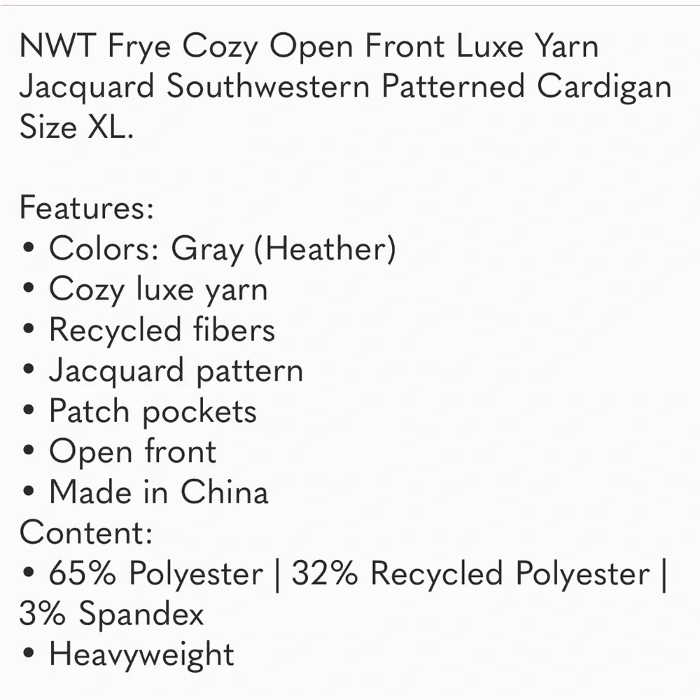 Frye Cozy Open Front Luxe Yarn Jacquard Southwestern Patterned Cardigan Size XL - Picture 9 of 10